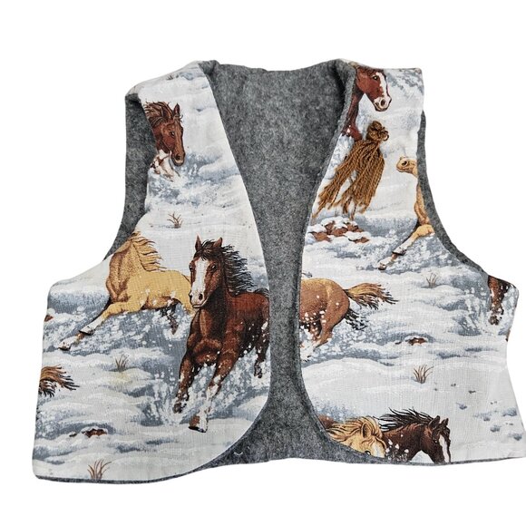 Handmade Horse Print Childrens Vest Western Motif Grey Back Panel Yarn Tail 1-2y - Picture 5 of 9